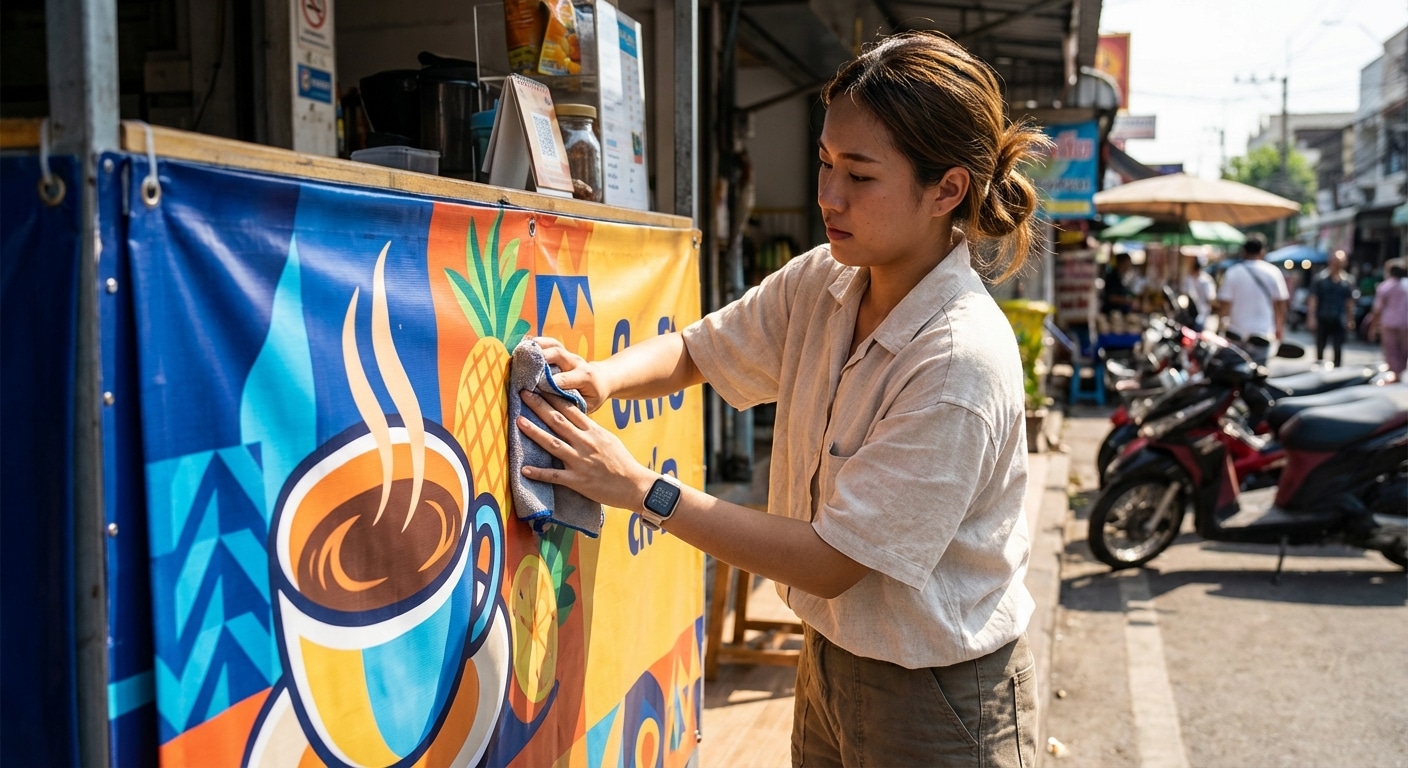 รับมือหน้าร้อน 2026! ทริคดูแลป้ายไวนิลหน้าร้านให้สีสดทนทาน - summer-vinyl-sign-maintenance