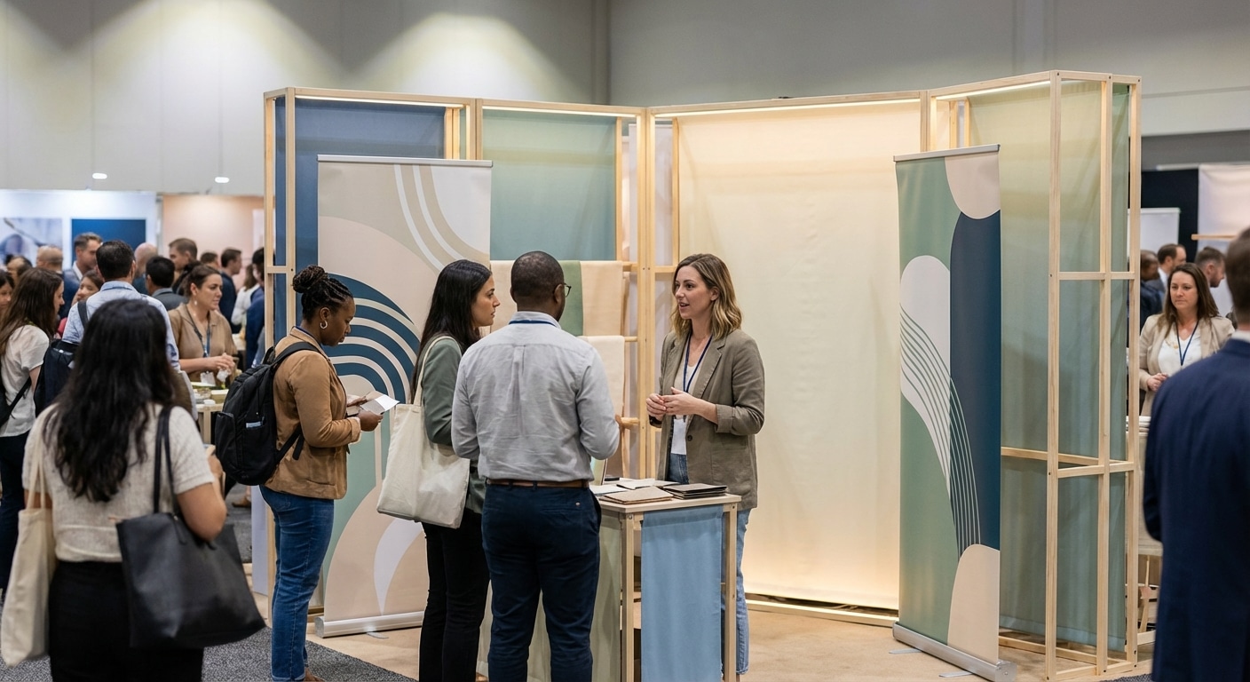 ออกบูธ 2026 อย่าให้จม! 3 เทคนิคจัด Backdrop และ Roll-up ให้คนหยุดดูใน 3 วิ - trade-show-booth-display-marketing-tips-2026