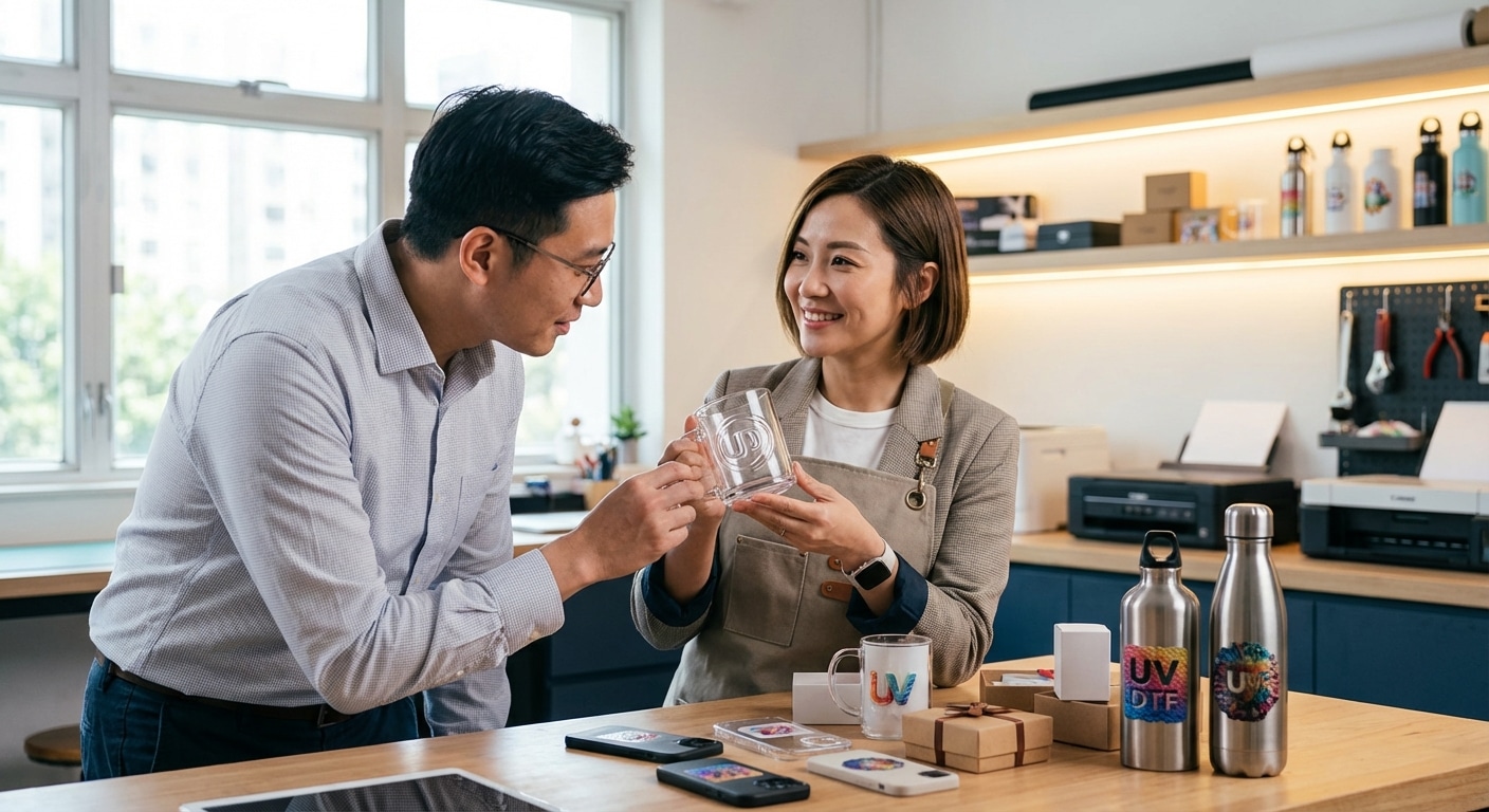 เลิกง้อบล็อกสกรีน! เจาะลึก 'UV DTF' (สติ๊กเกอร์โลโก้นูน) ปี 2026 ติดแก้ว-ของพรีเมียม สวยทนเหมือนสกรีนจริง - uv-dtf-crystal-label-technology-2026