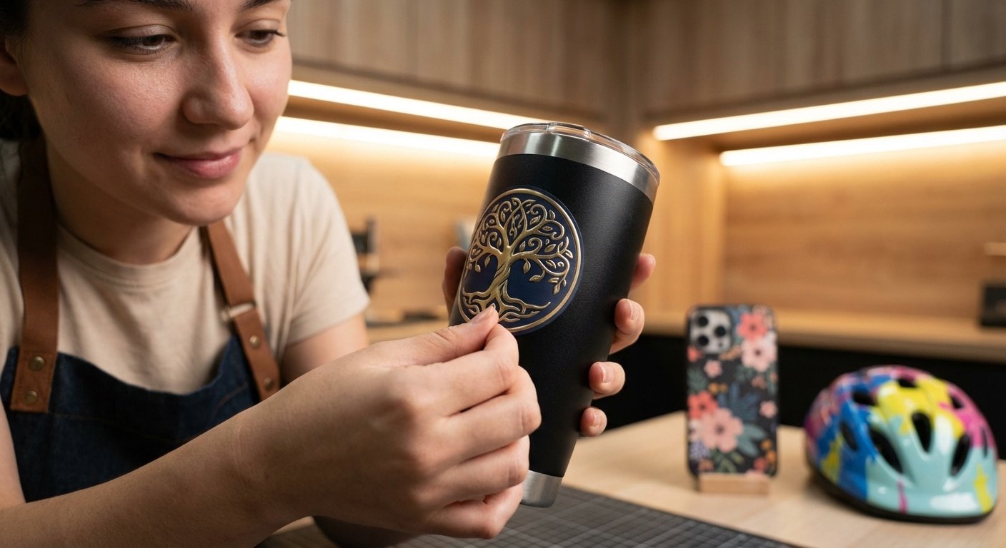 สกรีนแก้วใบเดียวก็รับ! เจาะลึก 'UV DTF' สติ๊กเกอร์นูน 3D ติดทุกพื้นผิว เทรนด์ฮิตปี 2026 - uv-dtf-sticker-technology-premium-gift-2026