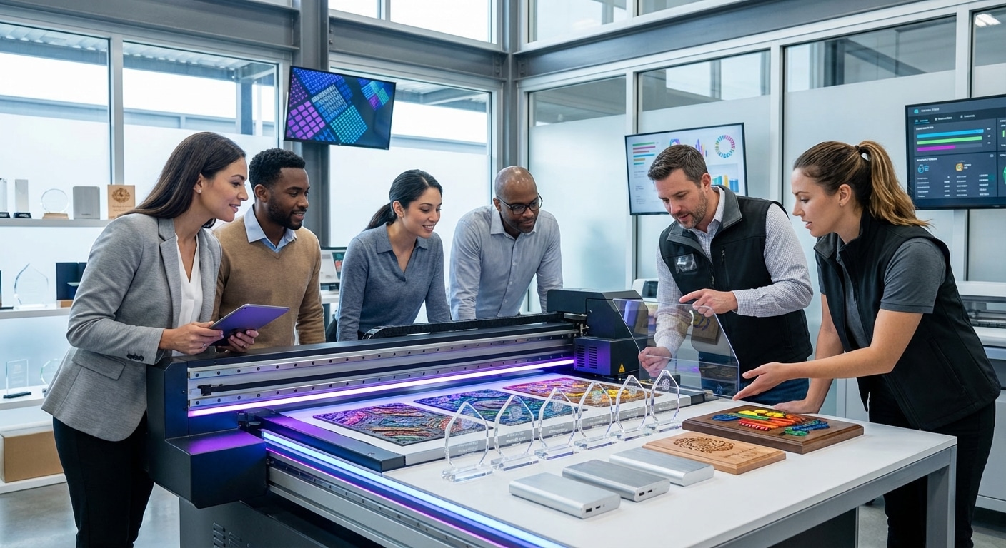 สกรีนโลโก้บน 'ไม้-อะคริลิก-โลหะ' ไม่ต้องทำบล็อก! รู้จัก 'UV Flatbed' เทคโนโลยีปี 2026 - uv-flatbed-printing-technology-2026-premium-gifts