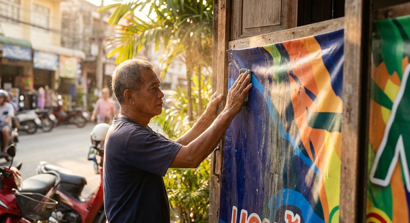 ป้ายซีดไวไม่ต้องเปลี่ยนบ่อย! 5 วิธีดูแล 'ป้ายไวนิลหน้าร้าน' ให้สีสดสู้แดดปี 2026 - vinyl-banner-maintenance-outdoor-tips-2026