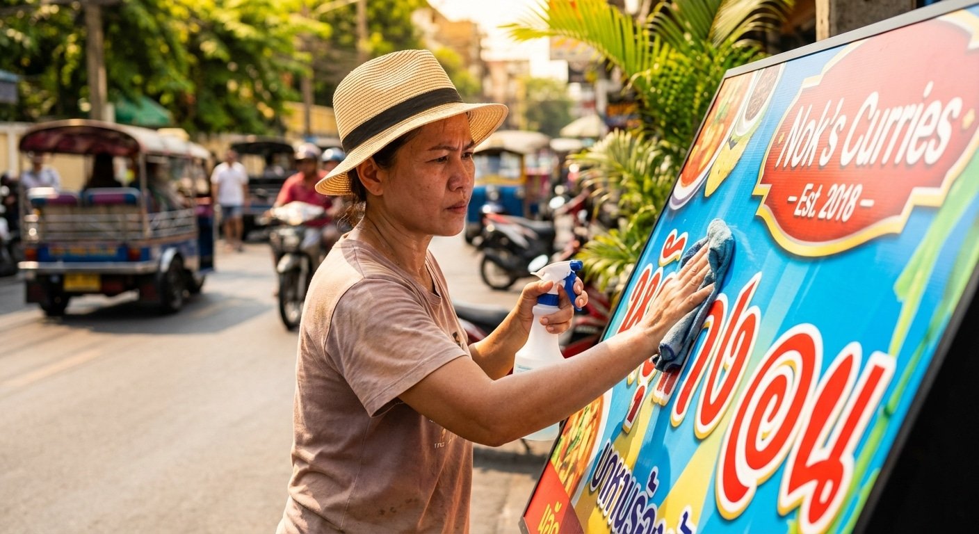 เทคนิคดูแลป้ายไวนิลสู้แดดร้อน 2026 ยืดอายุสีสดทนทาน - vinyl-banner-maintenance-summer