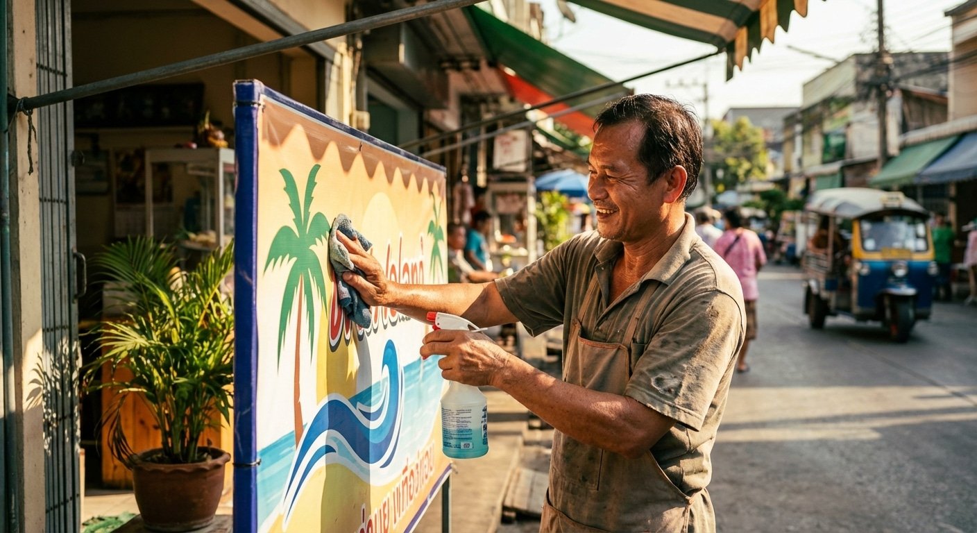 ทริคดูแลป้ายไวนิลและป้ายโฆษณา ให้สีสดทนแดดทนฝน - vinyl-banner-signage-maintenance