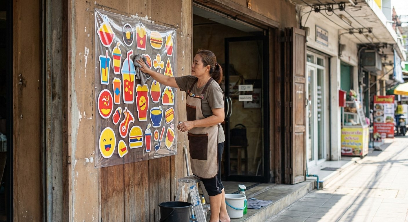 วิธีดูแลป้ายไวนิลและสติ๊กเกอร์หน้าร้าน ให้สีสดทนแดดทนฝน! - vinyl-sign-sticker-maintenance-tips