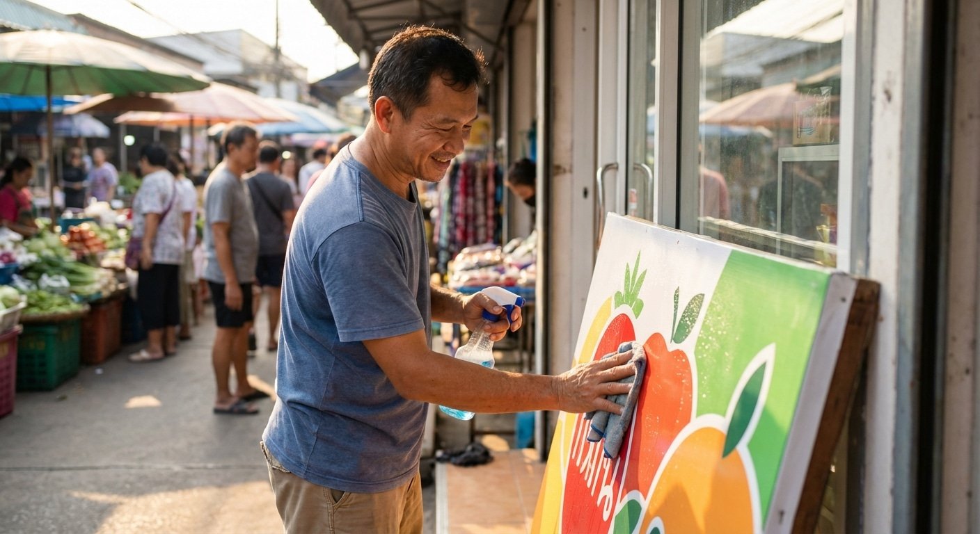 วิธีดูแลป้ายไวนิลและสติ๊กเกอร์หน้าร้านให้ทนแดด สีไม่ซีดไว - vinyl-sign-sticker-maintenance-tips