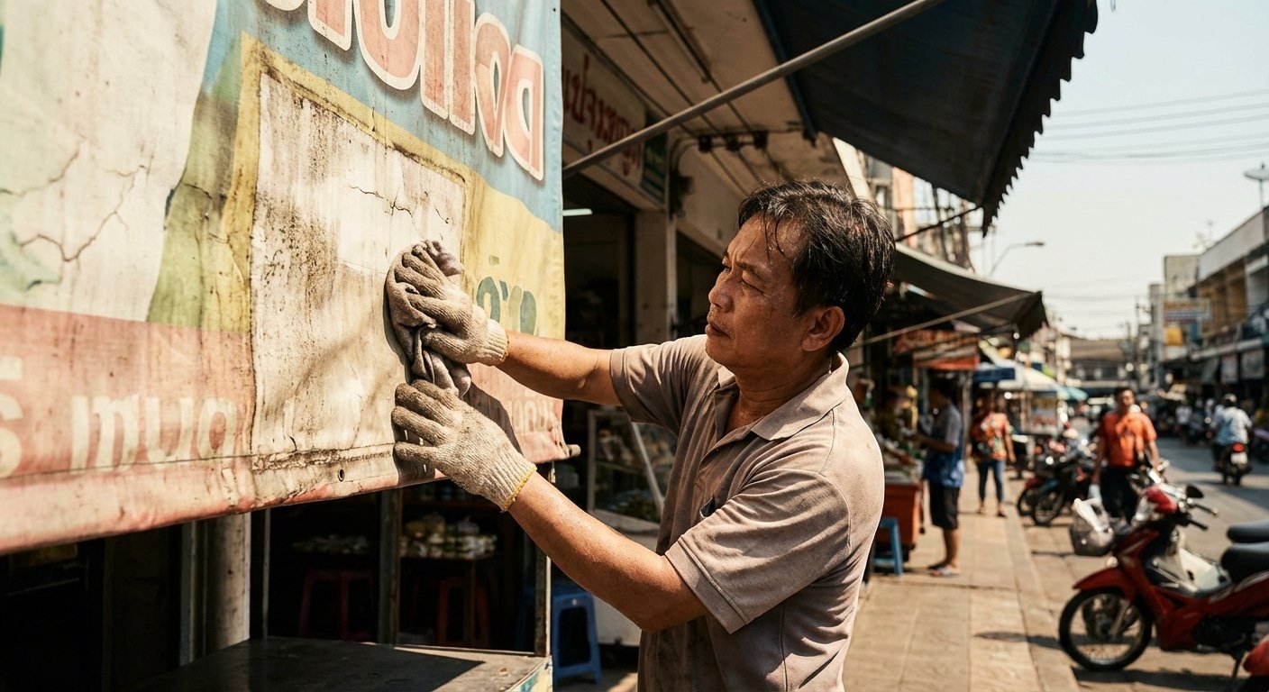 แดดมีนาฯ 2026 เผาจริง! 5 วิธีดูแล 'ป้ายไวนิลหน้าร้าน' ให้สีสด ไม่กรอบแตก สู้ UV ได้นานขึ้น - vinyl-signage-maintenance-tips-summer-heat-2026