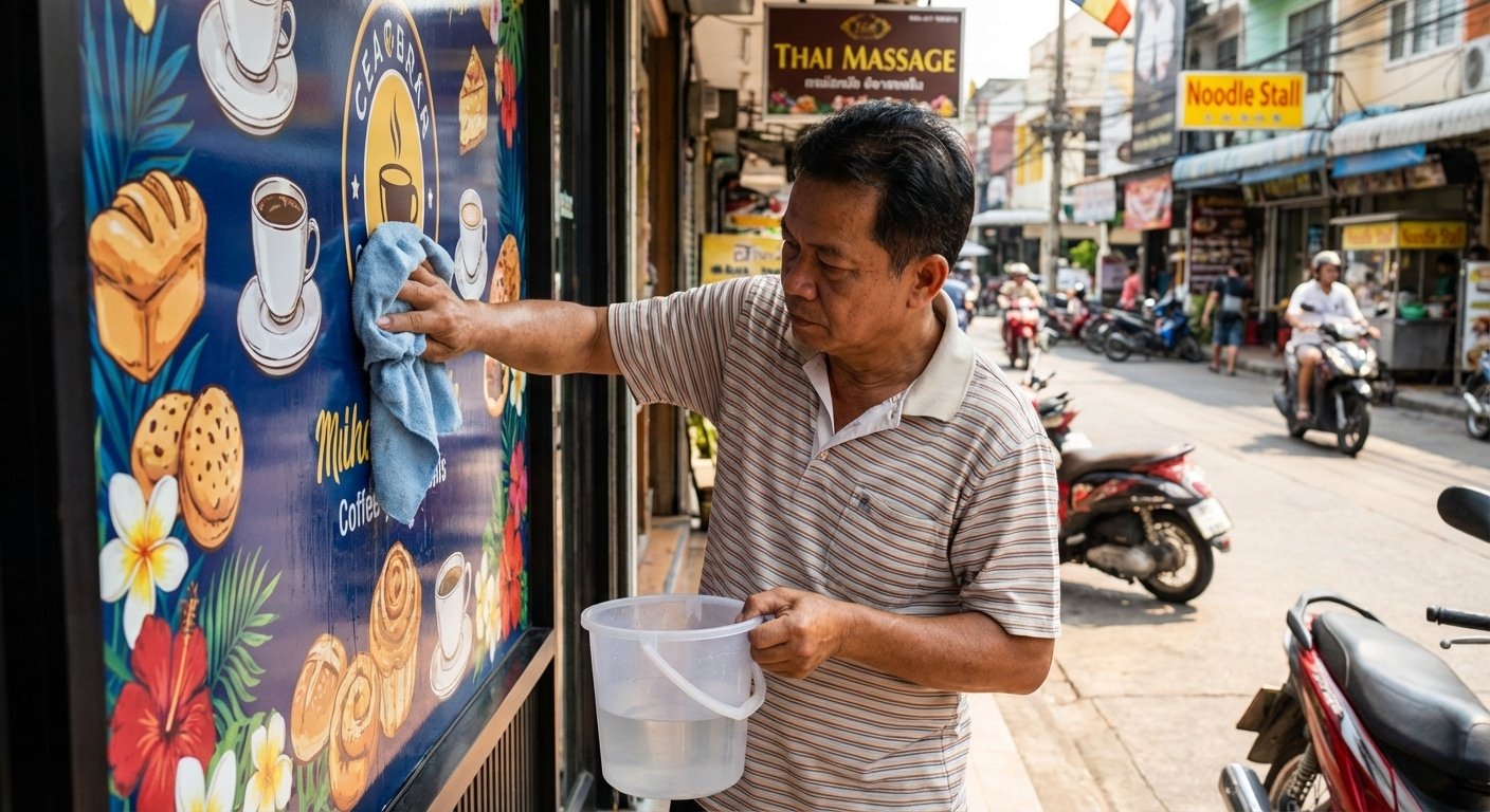 ทริคดูแลป้ายไวนิลและสติ๊กเกอร์หน้าร้าน ให้สีสดทนแดดนานขึ้น - vinyl-sticker-maintenance-tips