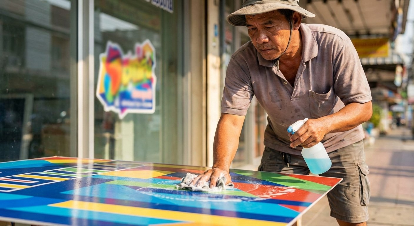 เทคนิคดูแลป้ายไวนิลและสติ๊กเกอร์กระจกให้สีสดทนแดด - vinyl-sticker-maintenance-tips