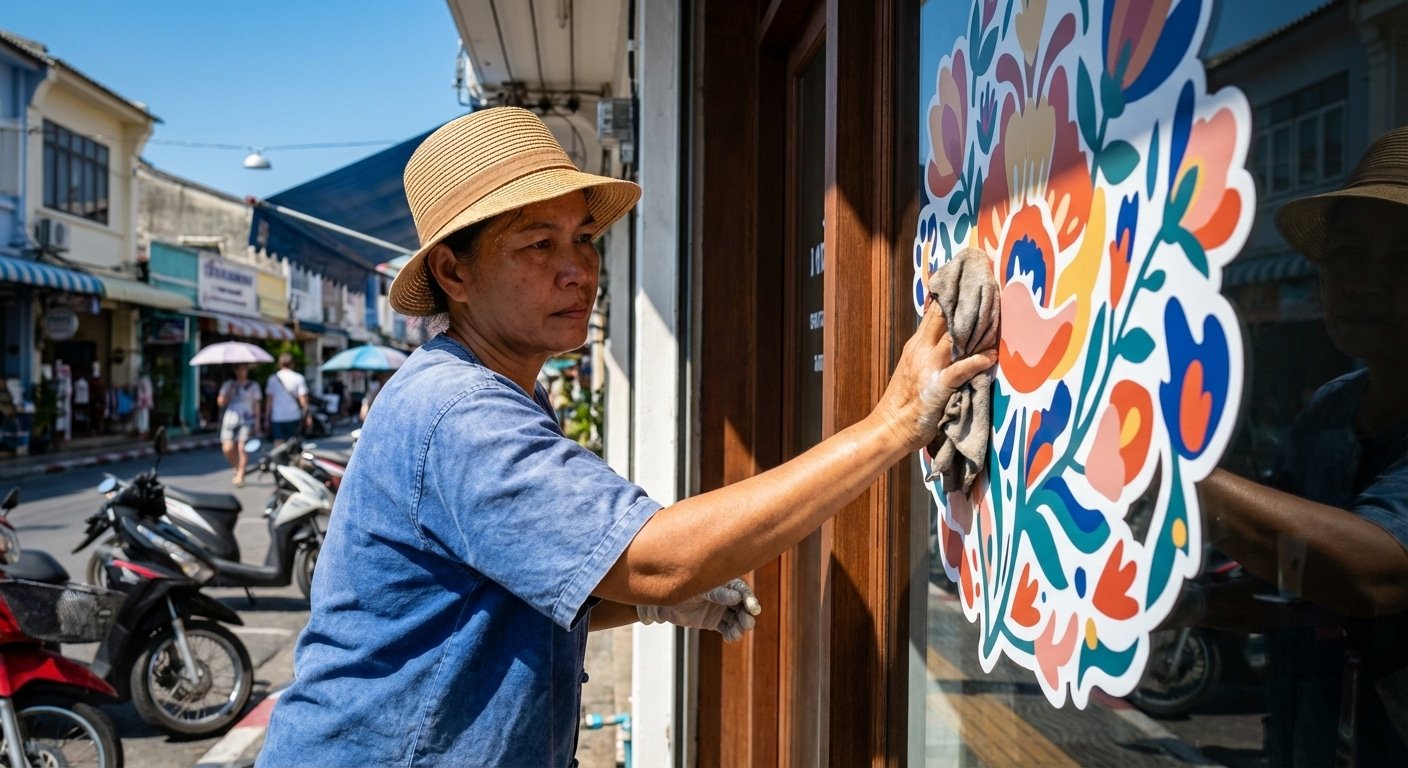 วิธีดูแลป้ายไวนิล-สติ๊กเกอร์หน้าร้านให้สีสดสู้แดดไทย - vinyl-sticker-maintenance-tips