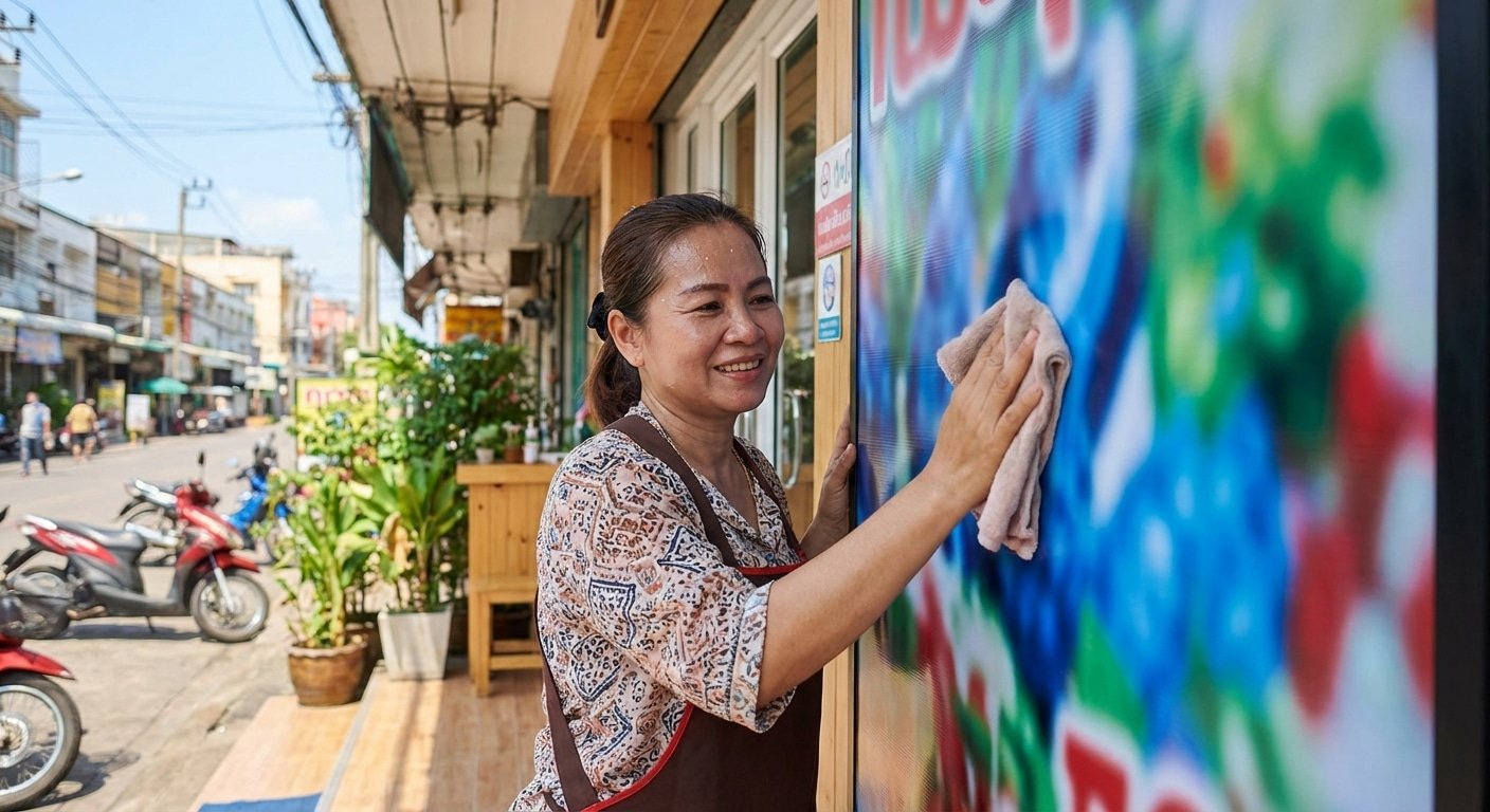 วิธีดูแลป้ายไวนิลและสติ๊กเกอร์หน้าร้าน ให้สีสดทนแดดทนฝน - vinyl-sticker-sign-maintenance