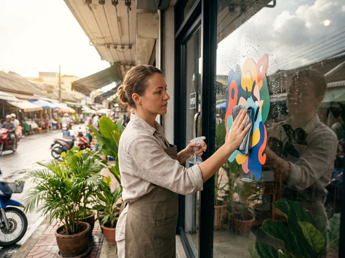 เคล็ดลับดูแลป้ายไวนิลและสติ๊กเกอร์หน้าร้าน ให้สีสดทนแดดฝน - vinyl-sticker-signage-maintenance