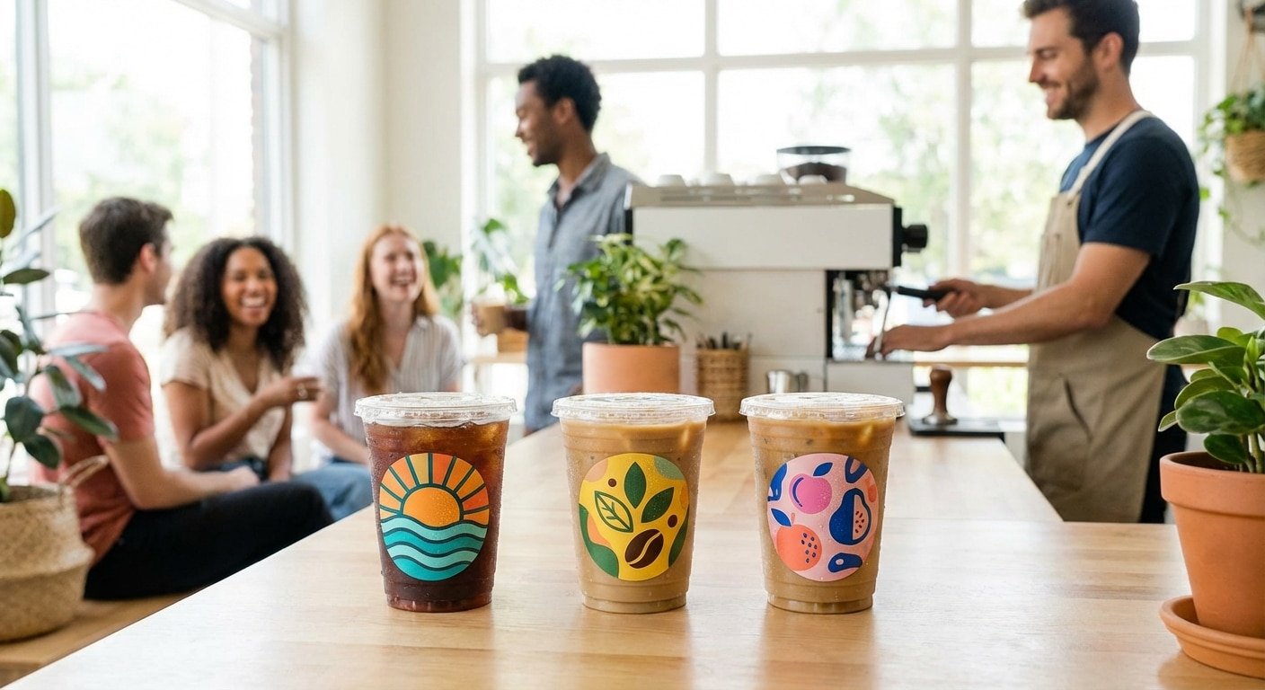 พิมพ์สติ๊กเกอร์ติดแก้วกาแฟ แช่น้ำไม่ลอก สีสดรับซัมเมอร์ - waterproof-coffee-cup-sticker