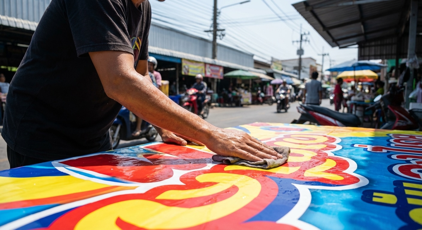 ทริคดูแลป้ายโฆษณาและไวนิลสู้แดดปี 2026 ให้สีสดทนนาน - 2026-outdoor-signage-maintenance