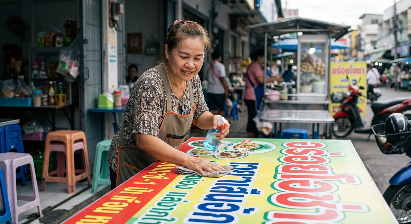 วิธีดูแลป้ายไวนิลและสติ๊กเกอร์หน้าร้านให้สีสด ทนแดดทนฝน - care-vinyl-banner-sticker-tips