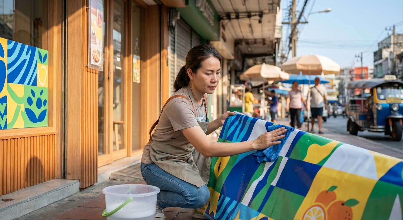 วิธีดูแลป้ายไวนิลและป้ายโฆษณาหน้าร้าน ให้สีสดทนแดดทนฝน - care-vinyl-signage-tips