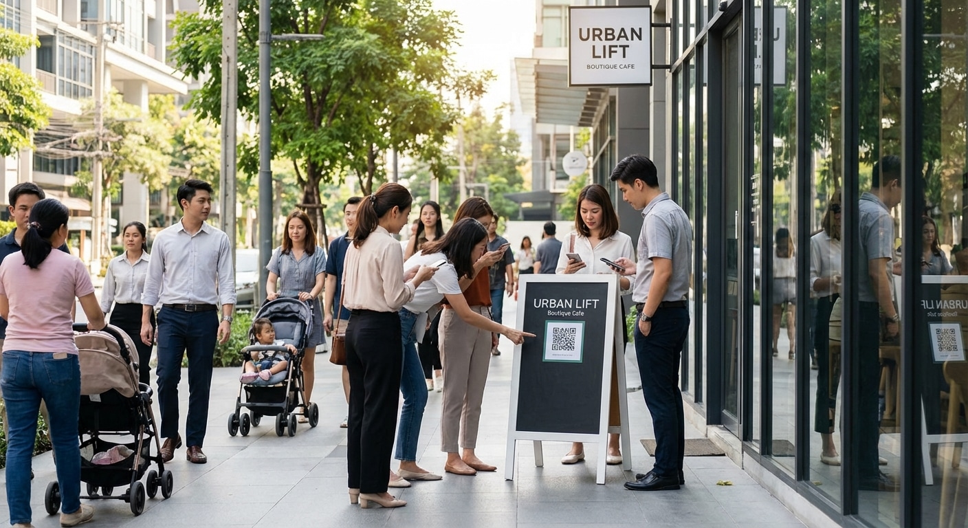 การตลาด O2O 2026! ใช้ป้ายโฆษณาติด QR Code ดันยอดขาย SME - o2o-marketing-qr-code-signage