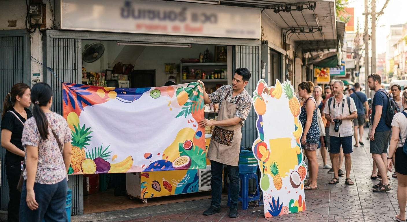 5 ทริคใช้ป้ายไวนิลและสแตนดี้ เรียกลูกค้าหน้าร้านฉบับ SME - offline-marketing-vinyl-standee-tips
