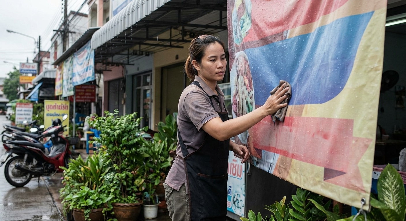วิธีดูแลป้ายโฆษณาหน้าร้านรับหน้าฝน 2026 ให้สีสดทนทาน - outdoor-signage-maintenance-rainy-season