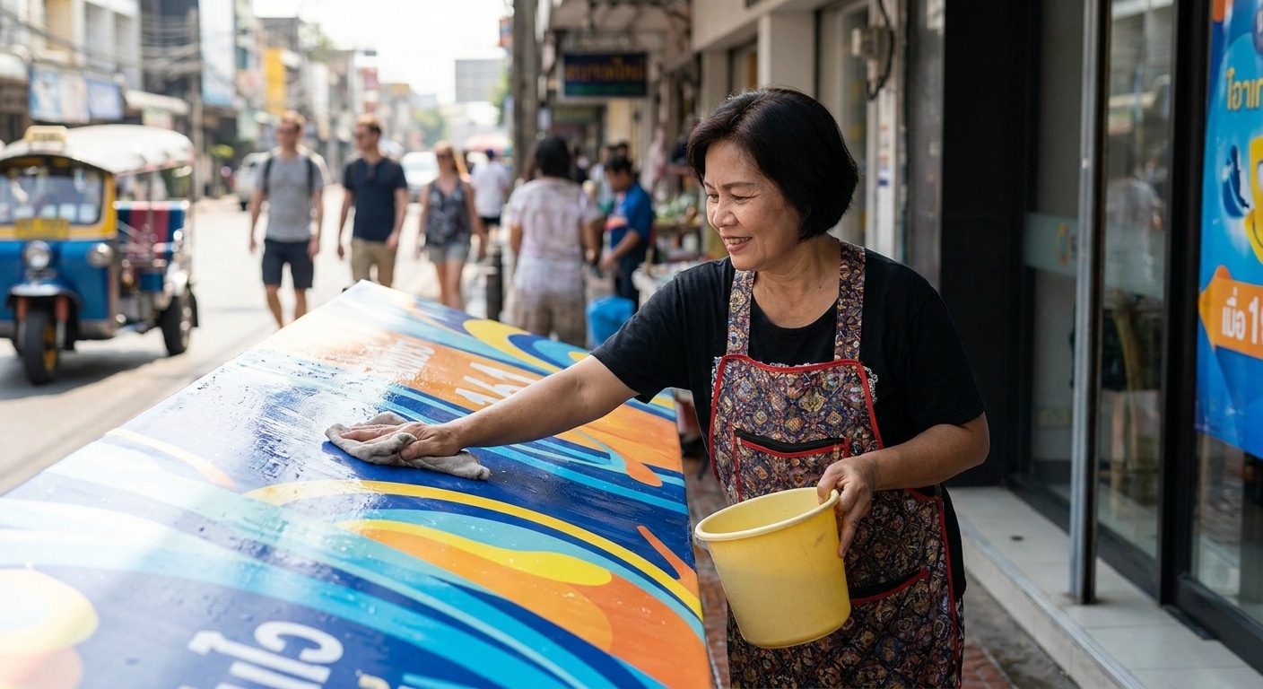 ทริคดูแลป้ายโฆษณาหน้าร้านให้สีสด ทนแดดทนฝน - outdoor-signage-maintenance-tips