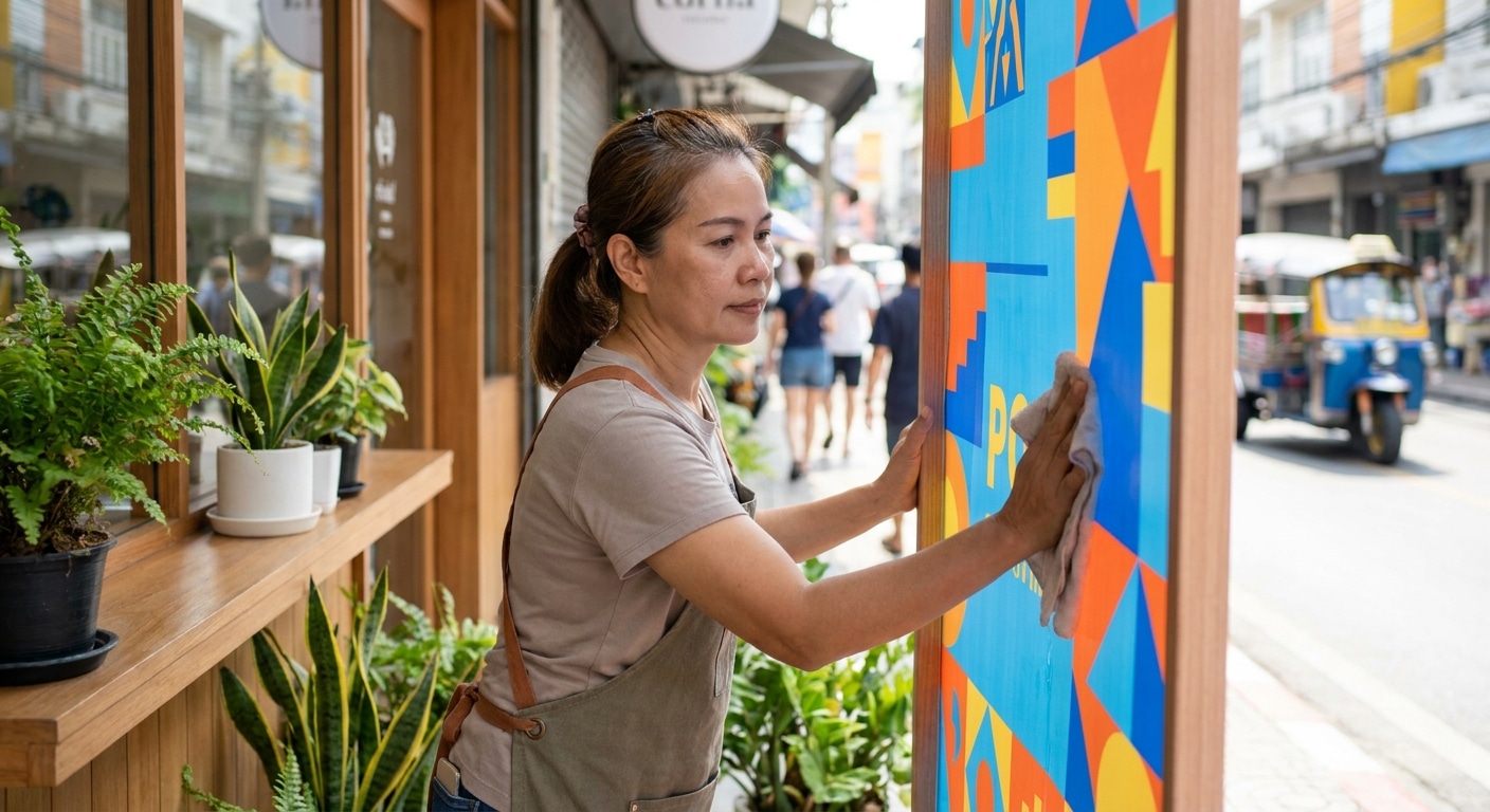 วิธีดูแลป้ายไวนิลและสติ๊กเกอร์หน้าร้านให้ทนทาน ไม่ซีด - outdoor-signage-maintenance-tips