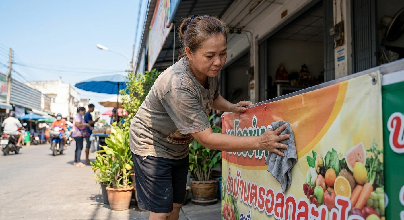 วิธีดูแลป้ายโฆษณาและสติ๊กเกอร์หน้าร้านให้สีสด ทนแดดทนฝน - outdoor-signage-sticker-maintenance