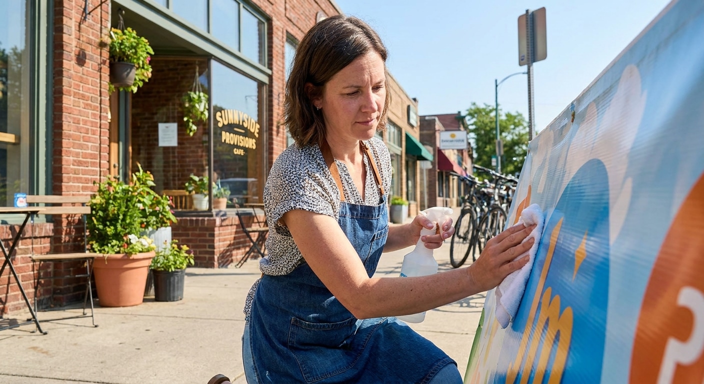 วิธีดูแลป้ายไวนิลและสติ๊กเกอร์หน้าร้าน ให้สีสดทนแดดทนฝน - outdoor-signage-sticker-maintenance