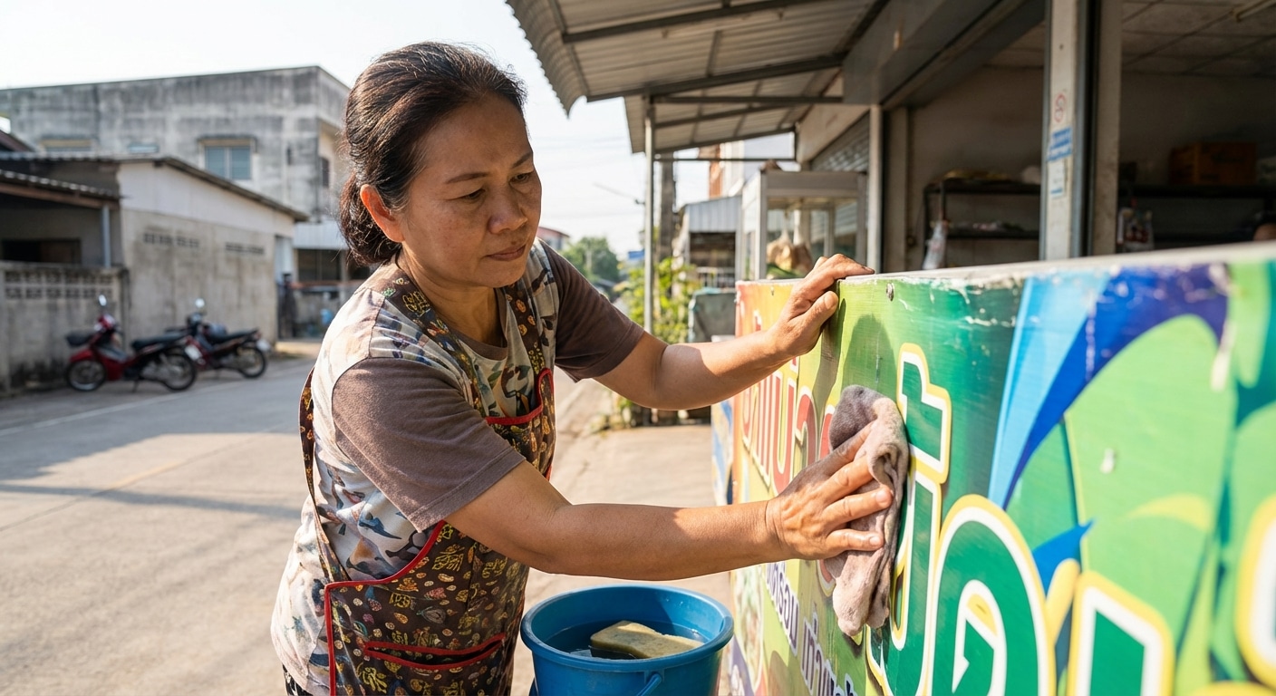 วิธีดูแลป้ายไวนิลและสติ๊กเกอร์หน้าร้านให้อยู่ทน สีไม่ซีด - outdoor-signage-vinyl-maintenance