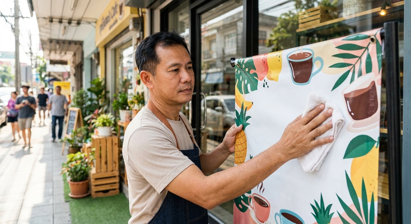 วิธีดูแลป้ายไวนิลหน้าร้านให้สีสด ทนแดดทนฝน ยืดอายุการใช้งาน - outdoor-vinyl-banner-maintenance
