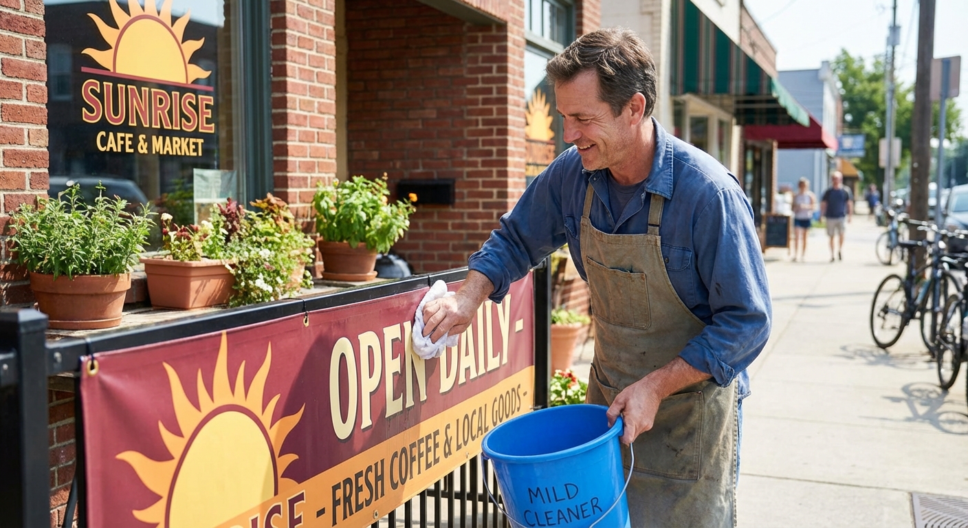 ทริคดูแลป้ายโฆษณาและไวนิลหน้าร้านให้สีสดทนแดดฝน - outdoor-vinyl-banner-maintenance