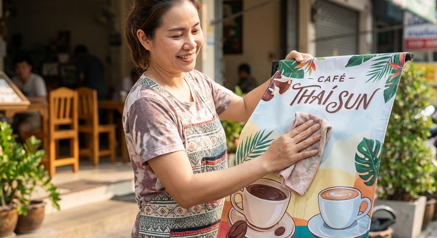 วิธีดูแลป้ายไวนิลหน้าร้านให้สีสด ทนแดดทนฝน ยืดอายุใช้งาน - outdoor-vinyl-sign-maintenance