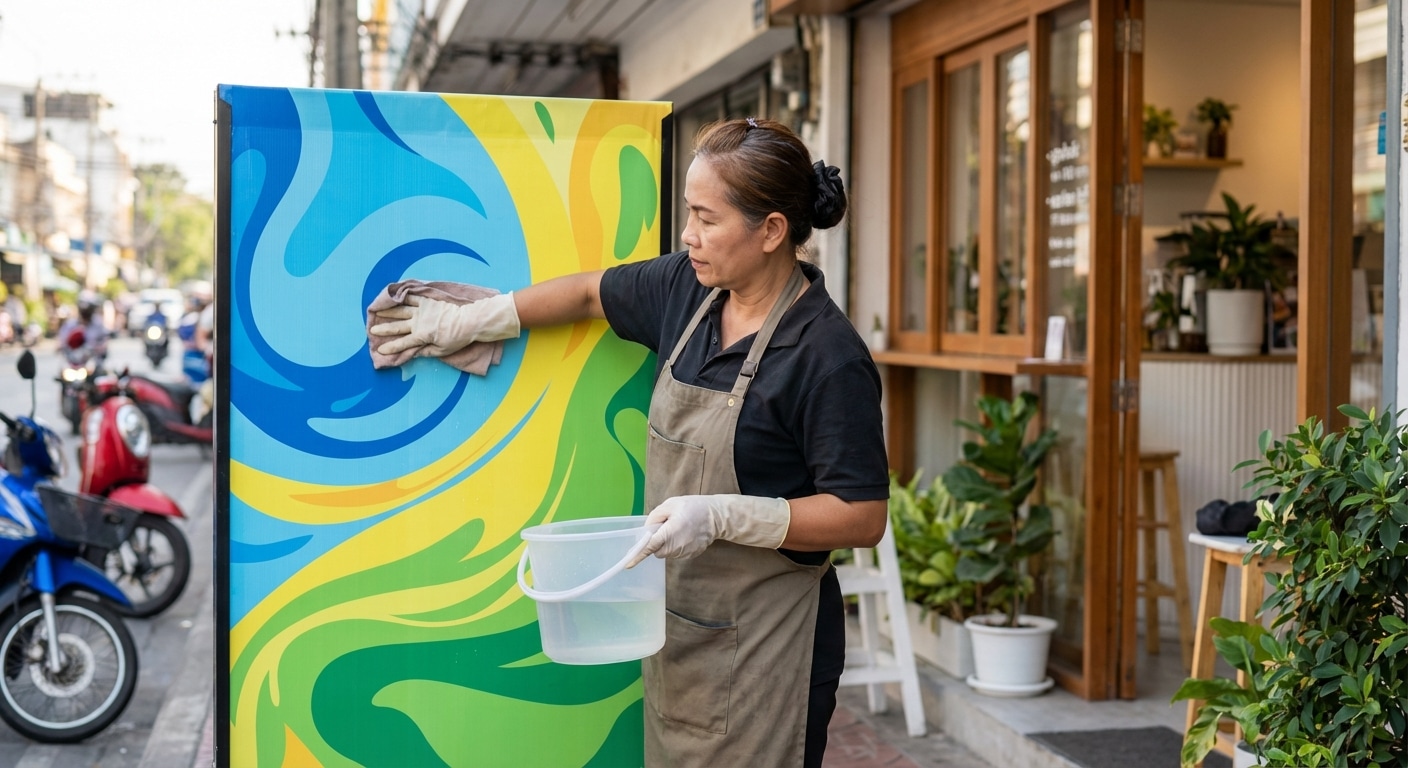 ทริคดูแลป้ายไวนิลหน้าร้าน ให้สีสดทนแดดทนฝนใช้งานคุ้ม - outdoor-vinyl-sign-maintenance