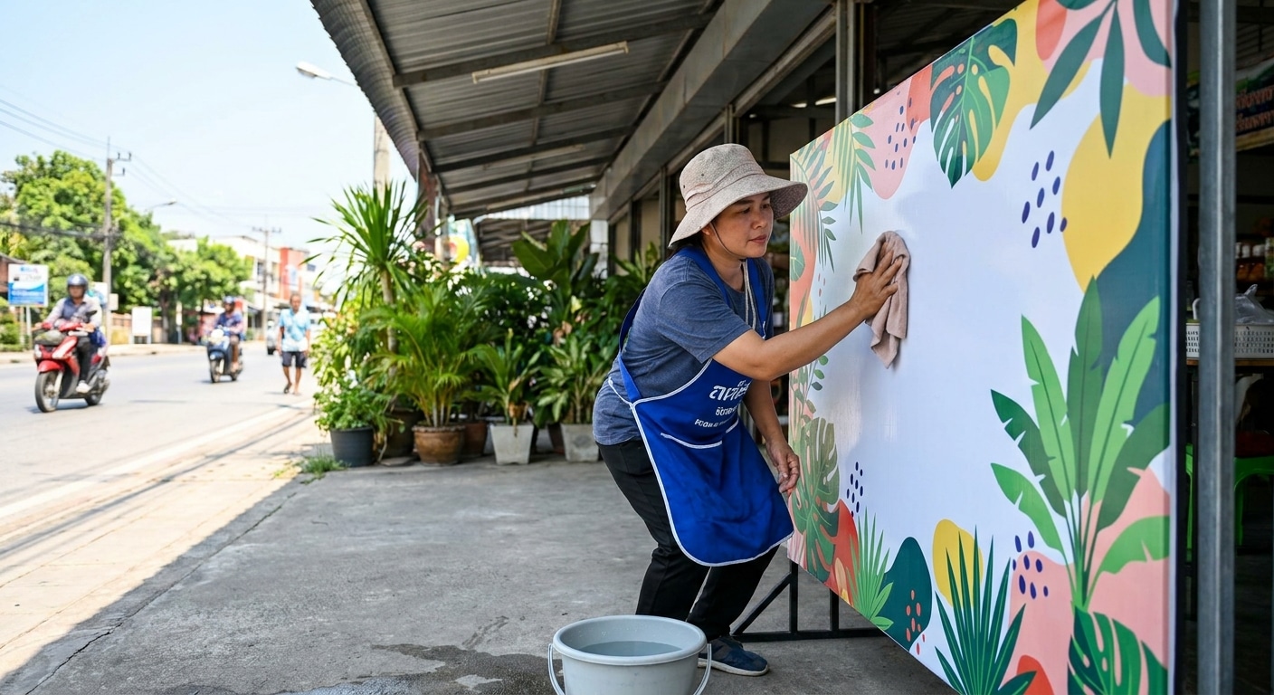 วิธีดูแลป้ายไวนิลหน้าร้านให้สีสด ทนแดดฝน ยืดอายุใช้งาน - outdoor-vinyl-sign-maintenance-tips