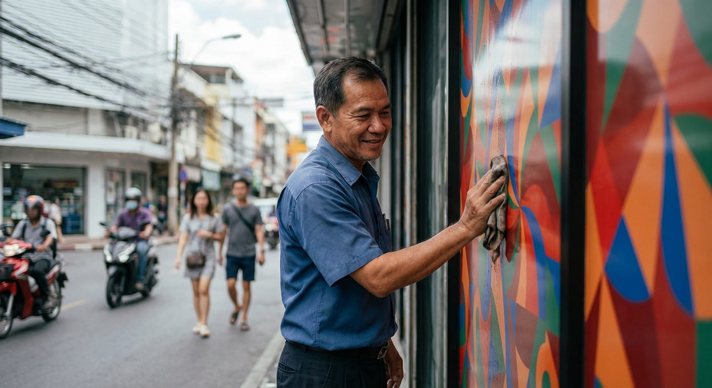 วิธีดูแลป้ายไวนิลและสติ๊กเกอร์หน้าร้าน ท้าแดดฝน สีไม่ซีด - outdoor-vinyl-signage-maintenance