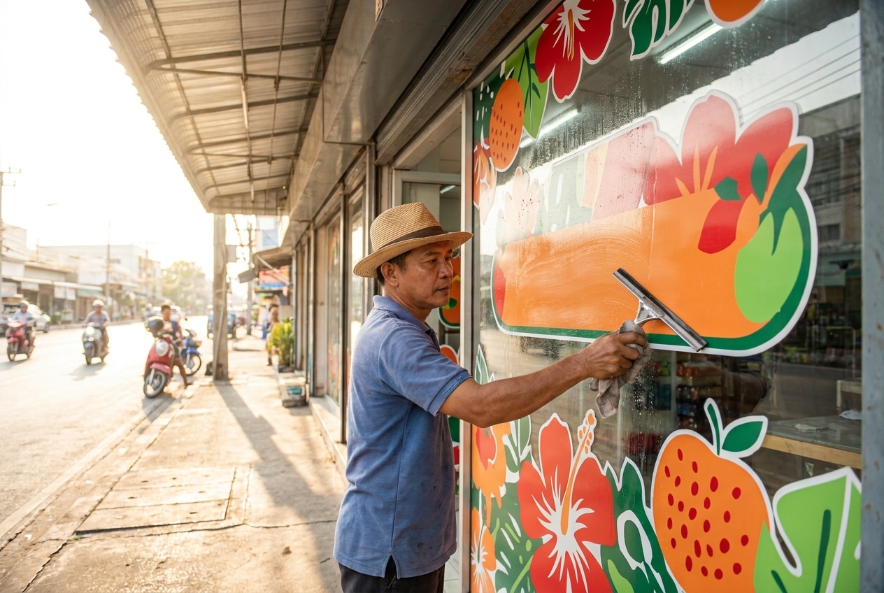 ยืดอายุสติ๊กเกอร์และป้ายไวนิลหน้าร้าน ท้าแดดเมืองไทย - outdoor-vinyl-sticker-maintenance