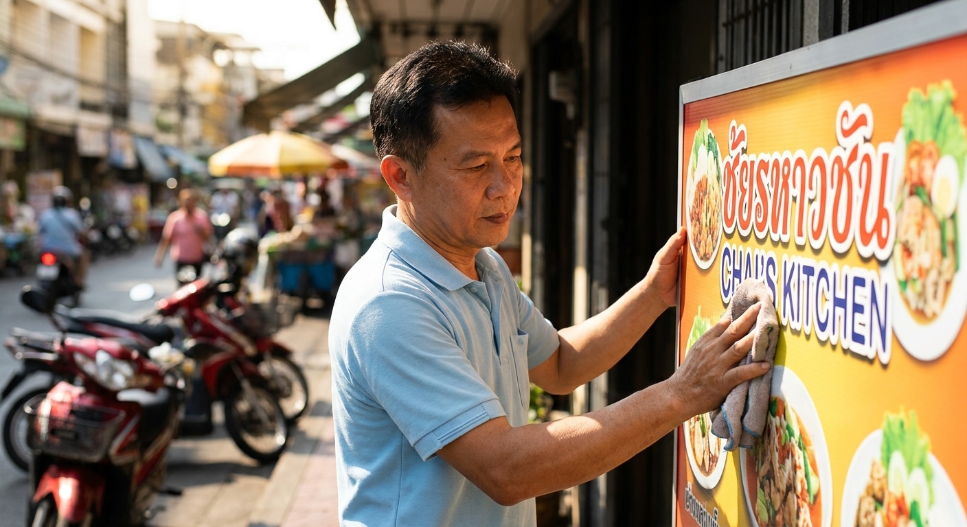 วิธีดูแลป้ายไวนิลและสติ๊กเกอร์หน้าร้าน ให้สีสดทนแดด - outdoor-vinyl-sticker-maintenance-tips