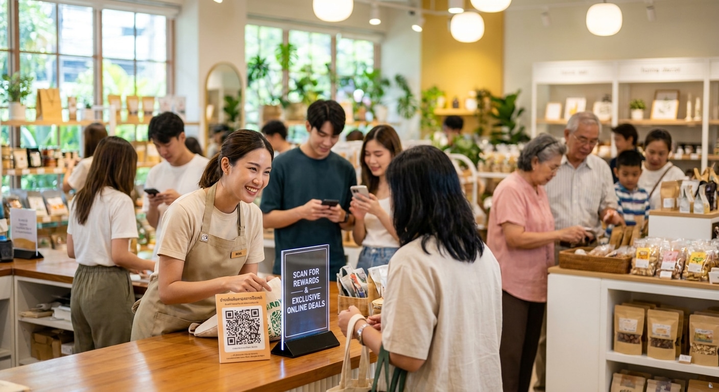 สติ๊กเกอร์ QR Code กลยุทธ์ O2O ดึงดูดลูกค้าเข้าร้านปี 2026 - qr-code-sticker-o2o-marketing