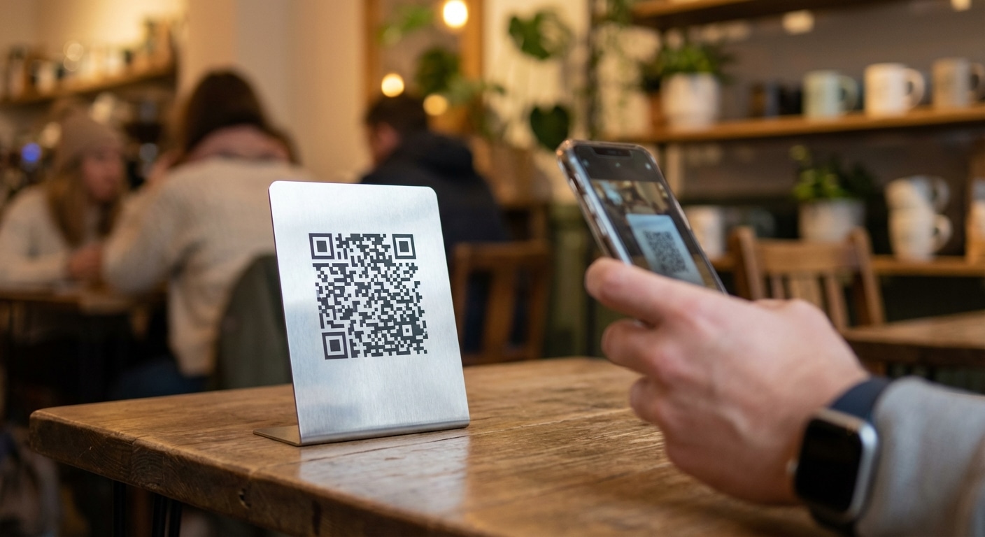 ป้าย QR Code บนโต๊ะอาหาร ทริคการตลาดสิ่งพิมพ์อัปยอดขายร้าน - qr-code-table-tent-marketing