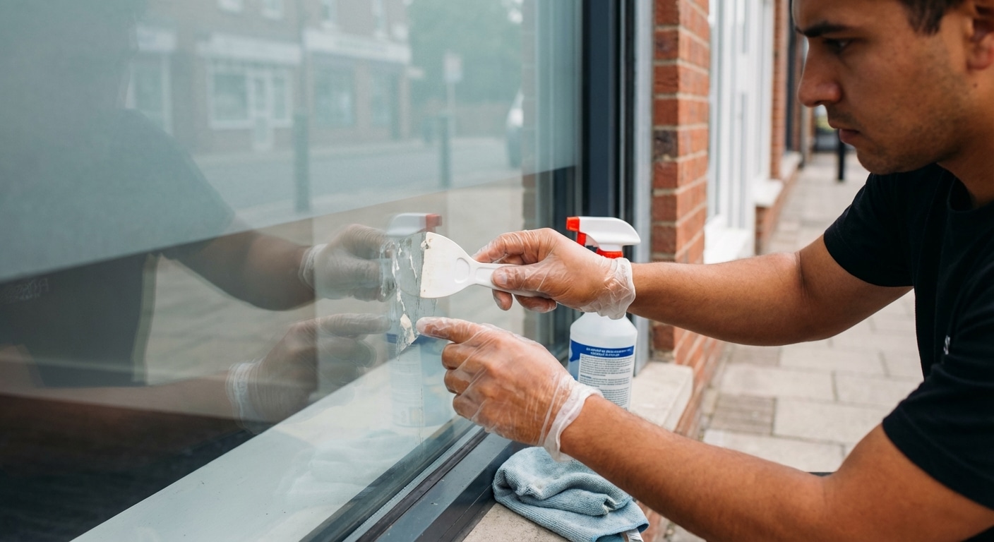 วิธีลอกสติ๊กเกอร์เก่าบนกระจกร้านให้สะอาด ไม่ทิ้งคราบกาว - remove-old-sticker-glass-tips