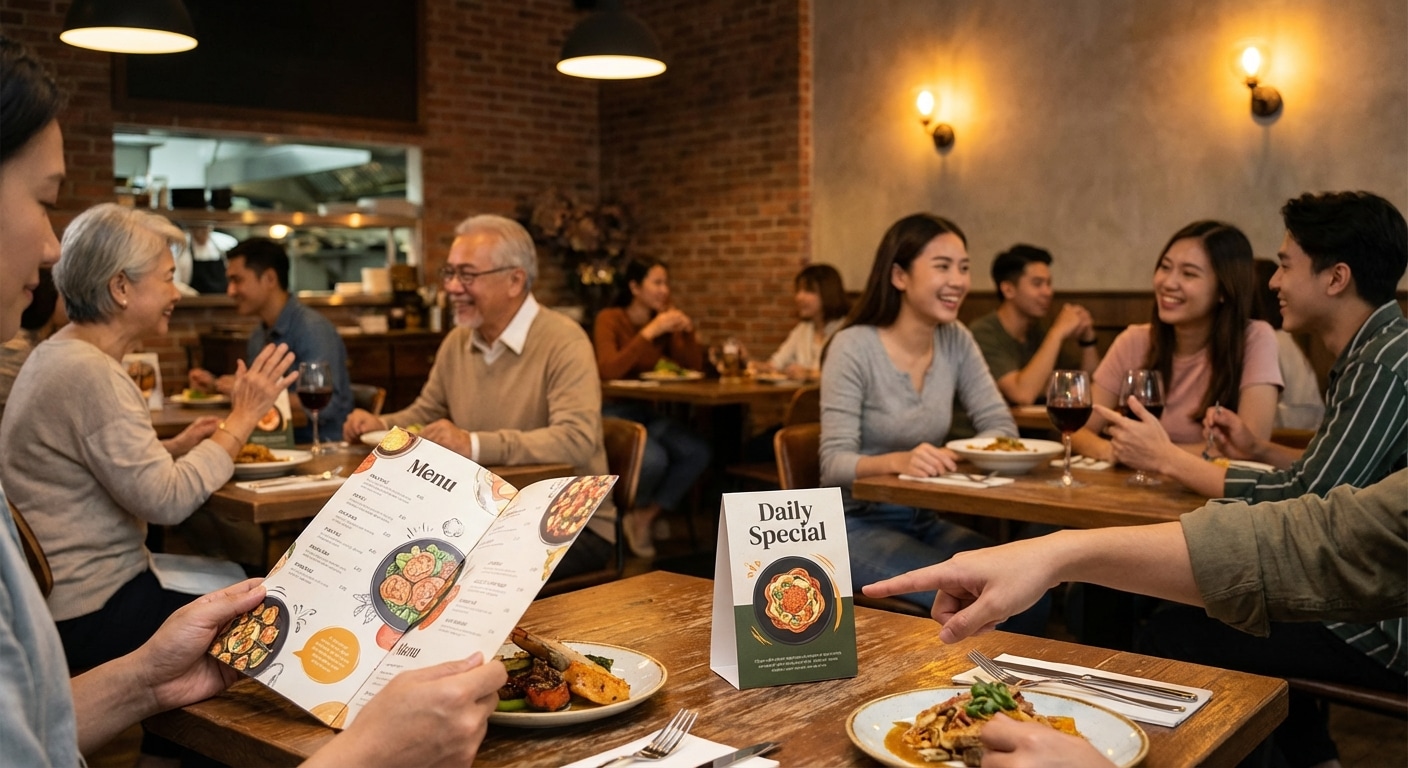 ทริคออกแบบเมนูและป้ายตั้งโต๊ะ อัปยอดขายร้านอาหาร SME - restaurant-menu-design-marketing