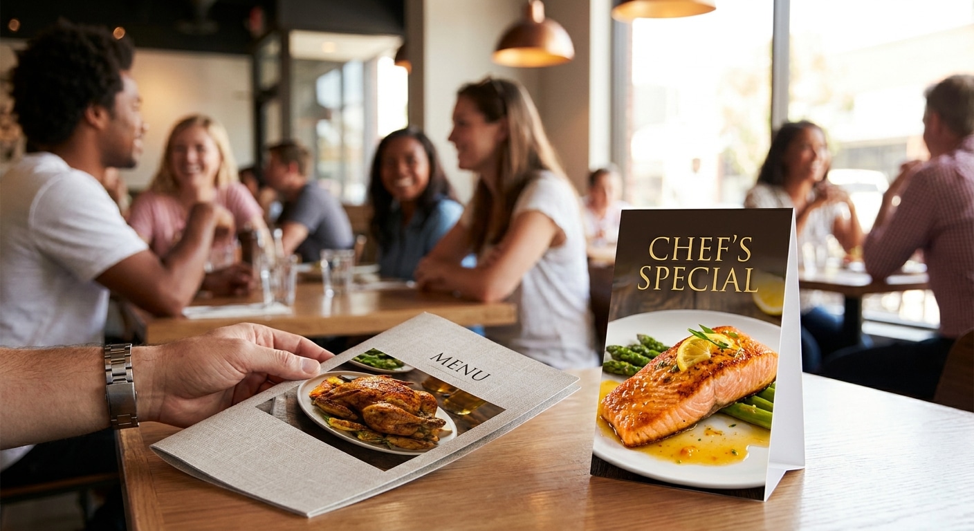 จัดโปรให้ปัง! ทริคใช้ป้ายตั้งโต๊ะและเมนู เพิ่มยอดขายร้านอาหาร - restaurant-menu-standee-marketing