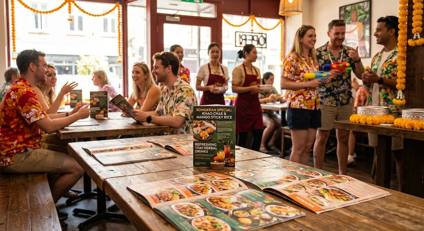 เทคนิคทำเมนูและป้ายตั้งโต๊ะ ดันยอดขายร้านอาหารรับสงกรานต์ - restaurant-menu-standee-marketing