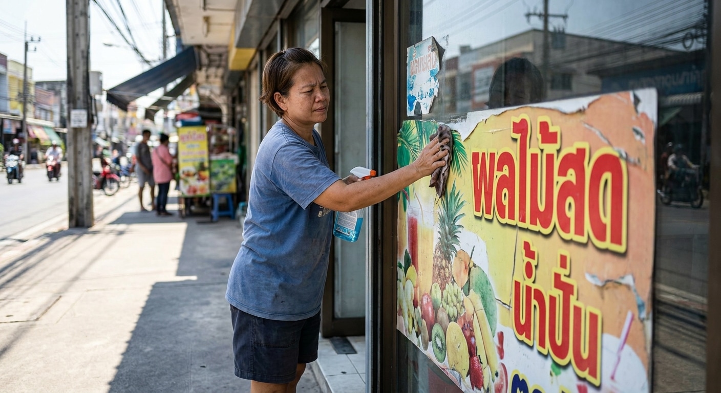 ทริคดูแลป้ายไวนิลและสติ๊กเกอร์หน้าร้านให้สีสดทนแดด - sign-sticker-maintenance-tips