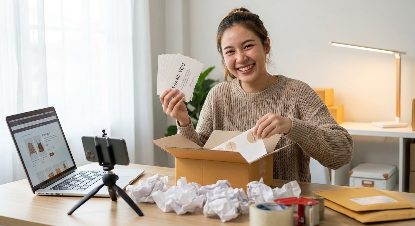 เพิ่มยอดรีวิวร้านออนไลน์ ด้วยสติ๊กเกอร์และนามบัตรขอบคุณ - unboxing-experience-sticker-thankyou-card