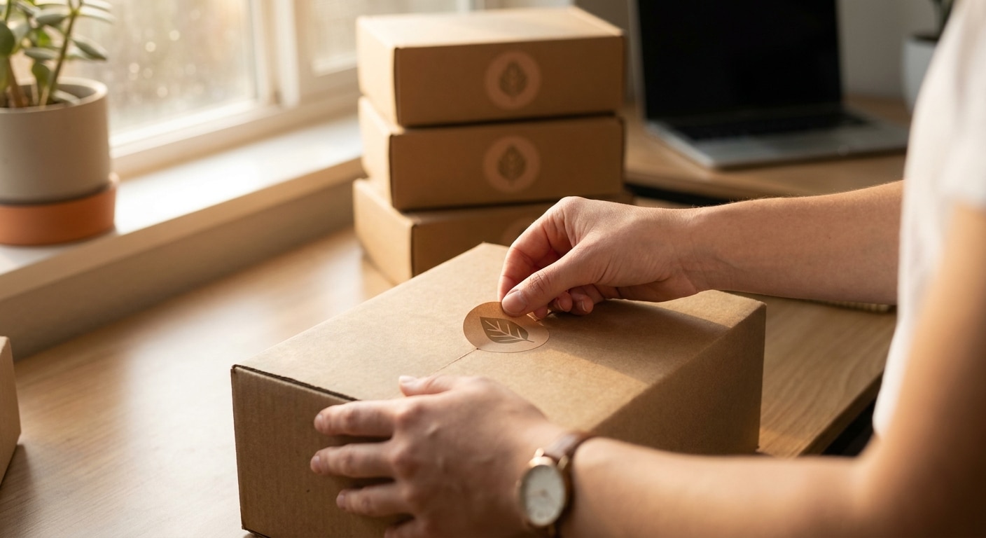 เปลี่ยนกล่องพัสดุให้ดูแพง ด้วยสติ๊กเกอร์โลโก้แบรนด์ - upgrade-packaging-logo-sticker