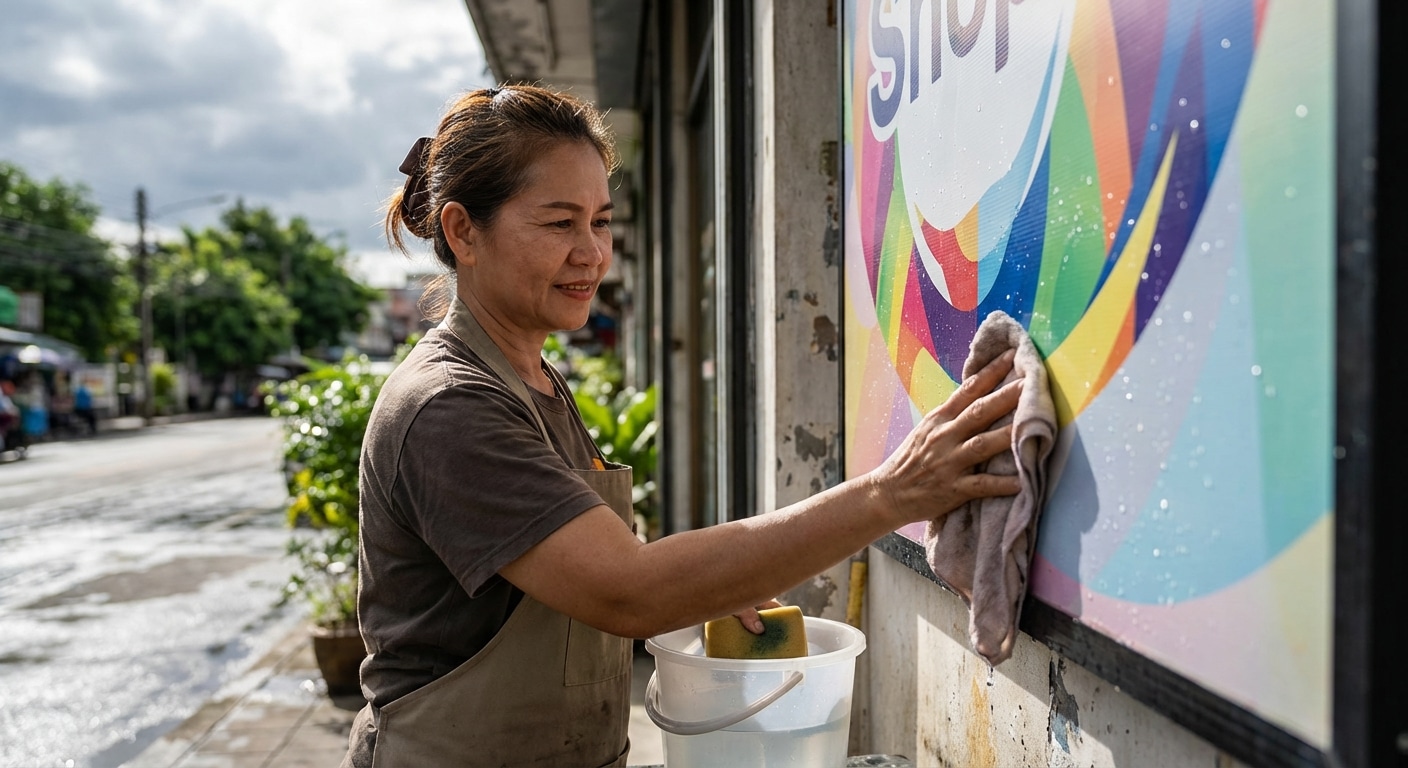 วิธีดูแลป้ายไวนิลหน้าร้านให้สีสดทนทาน สู้แดดฝนเมืองไทย - vinyl-banner-maintenance-tips