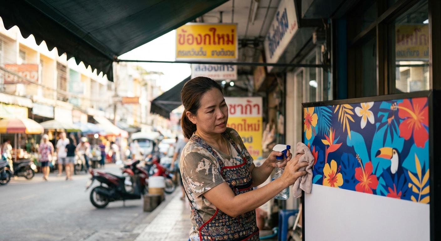 ทริคดูแลป้ายไวนิลและสติ๊กเกอร์หน้าร้าน ให้สีสดทนแดดสู้ฝน - vinyl-sign-sticker-maintenance
