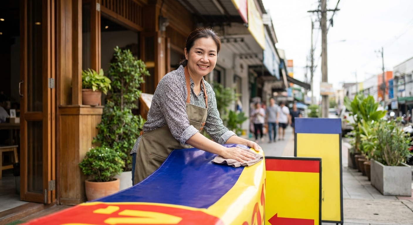 วิธีดูแลป้ายไวนิลและสแตนดี้หน้าร้านให้อยู่ทน สีสดนาน - vinyl-standee-maintenance-tips