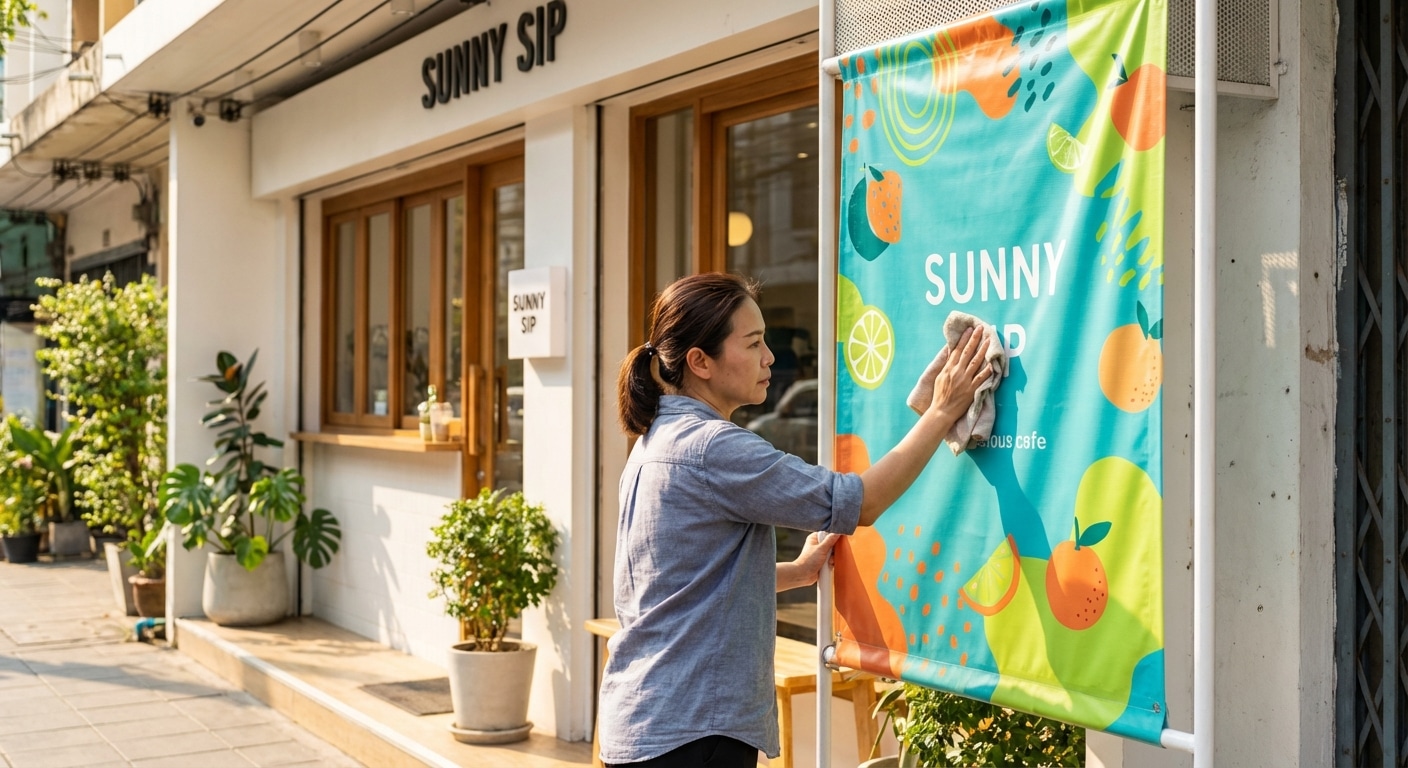 เคล็ดลับดูแลป้ายไวนิลและสแตนดี้หน้าร้าน ให้สีสดทนแดดทนฝน - vinyl-standee-maintenance-tips