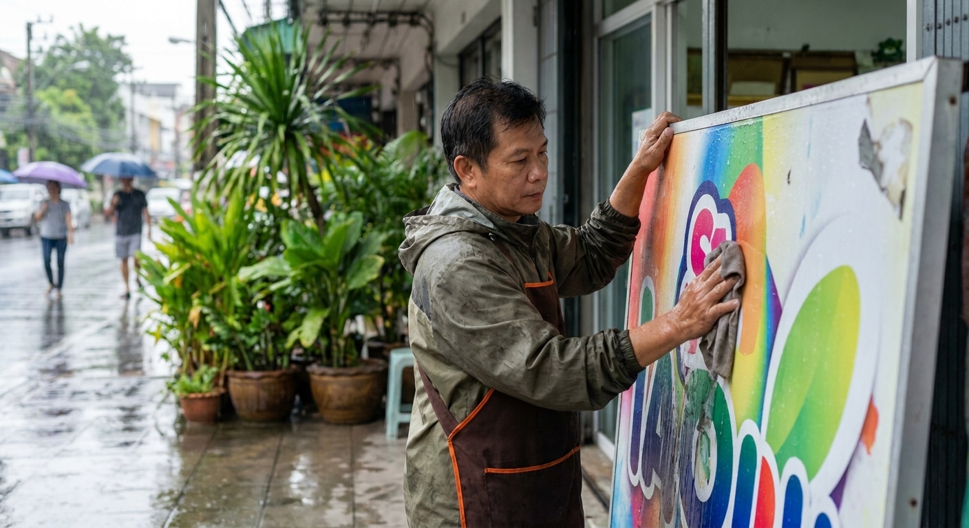 วิธีดูแลป้ายไวนิล-สติ๊กเกอร์หน้าร้าน ให้สีสดทนทานรับหน้าฝน - care-vinyl-sticker-rainy-season